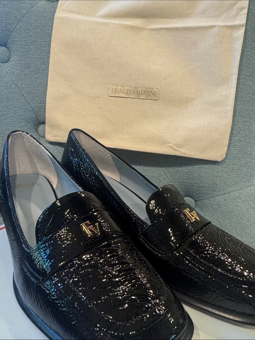 Frances Valentine Black crinkle soft Patent Loafers Gold FV Logo-Twiggy Loafer - Picture 11 of 11
